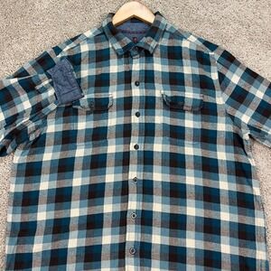 Woolrich Shirt Men XL Black White Blue Button Down Flannel Herringbone Flip Cuff